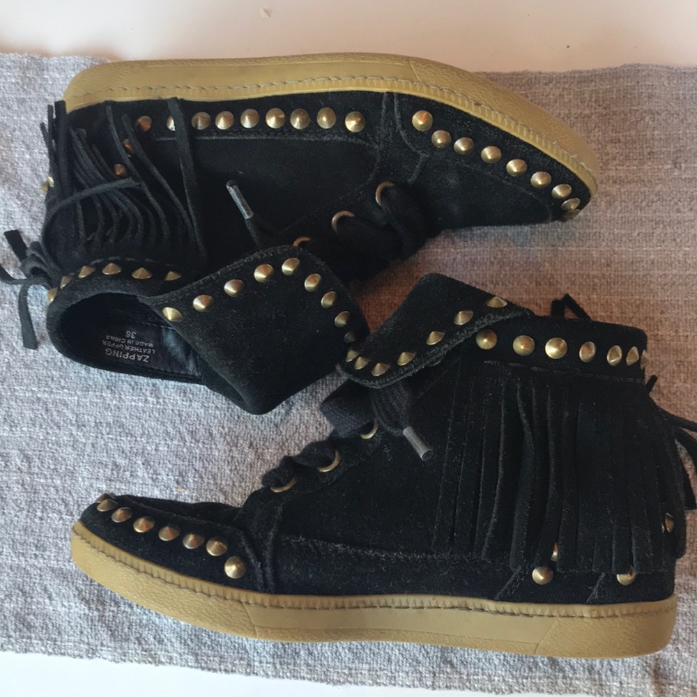 ASH Suede Fringe Black Ankle Wedge Boots  SIZE 36